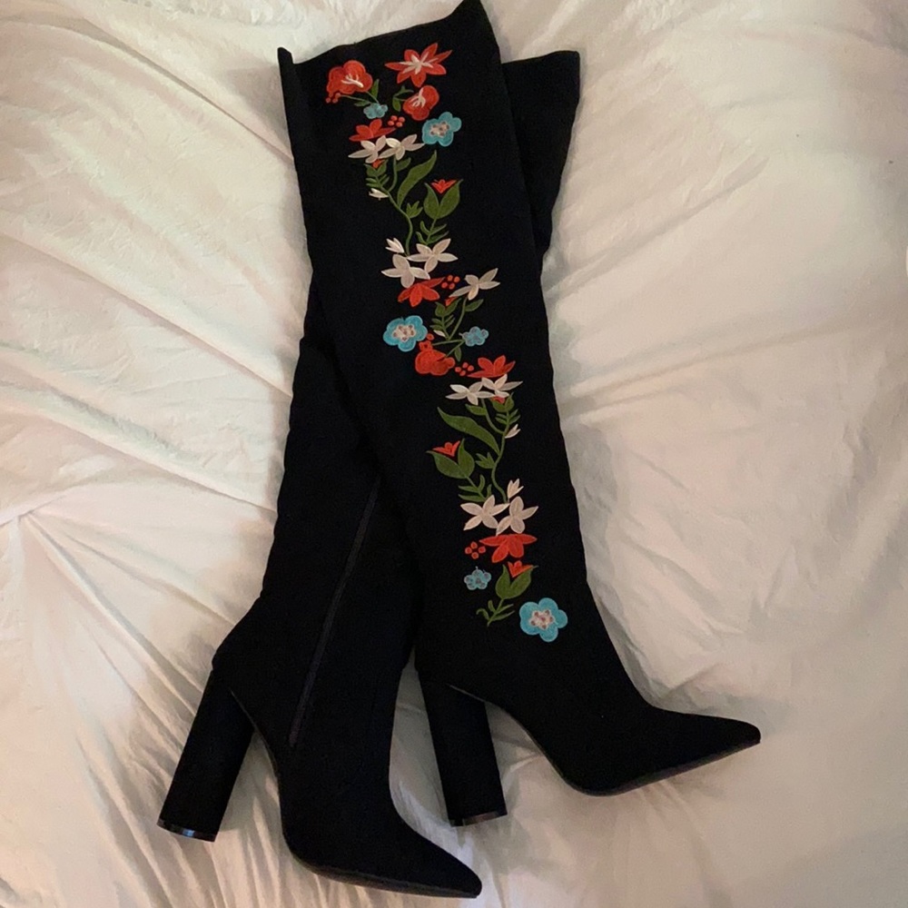 black over the knee embroidered heeled boots